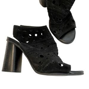 Topshop Black Leather Peep Toe Laser Cut Chunky Heel Ankle Boots Womens 37 Fall